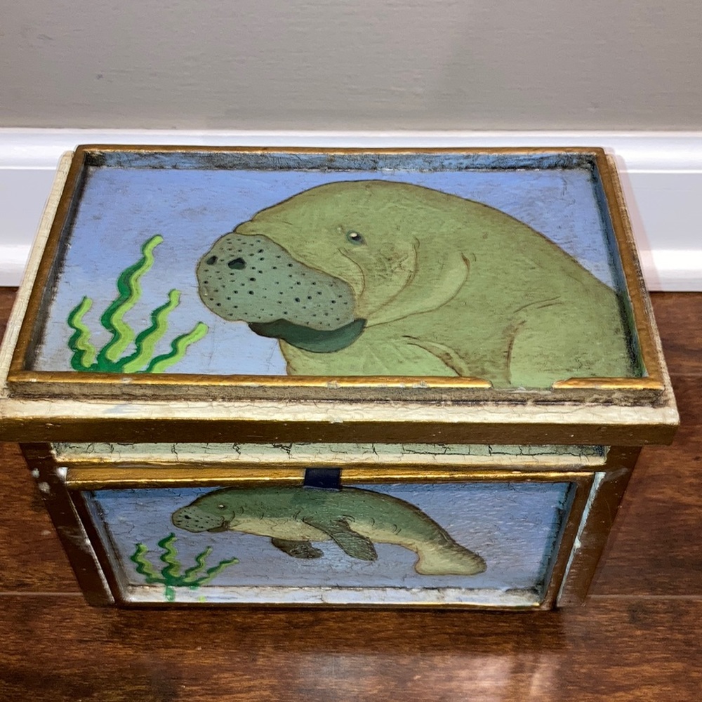 Handpainted Manatees wooden Jewelry / trinket box Peru Hand Jive shabby 8 1/4”